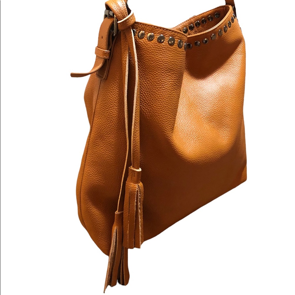 Laggo gold studded large British tan pebble grain leather tote with tassels